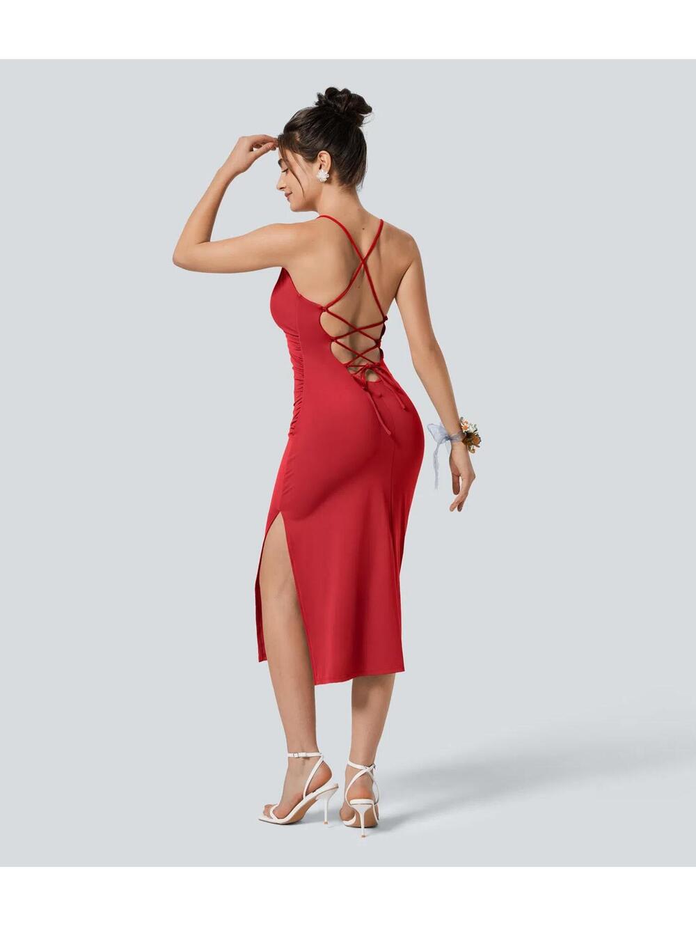 NWT Halara SoftlyZero Airy Crossover Ruched Lace Up Bodycon Dress Mars Red Small - Picture 3 of 9